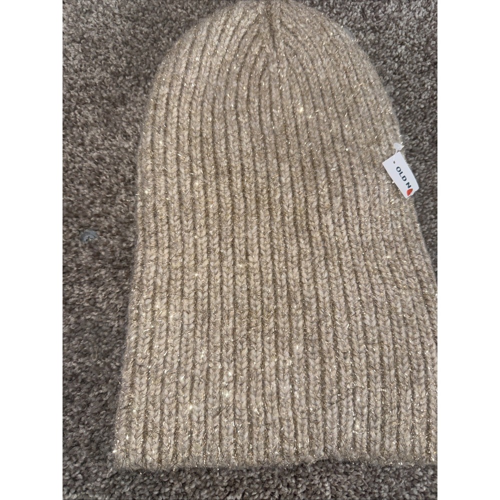 Old Navy Womens Ribbed Knit Beanie Hat Tan Gold Metallic Shimmer NWT